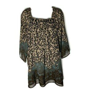 Elementz Blouse Womens Large Animal Paisley jeweled neck Mixed Print Festival
